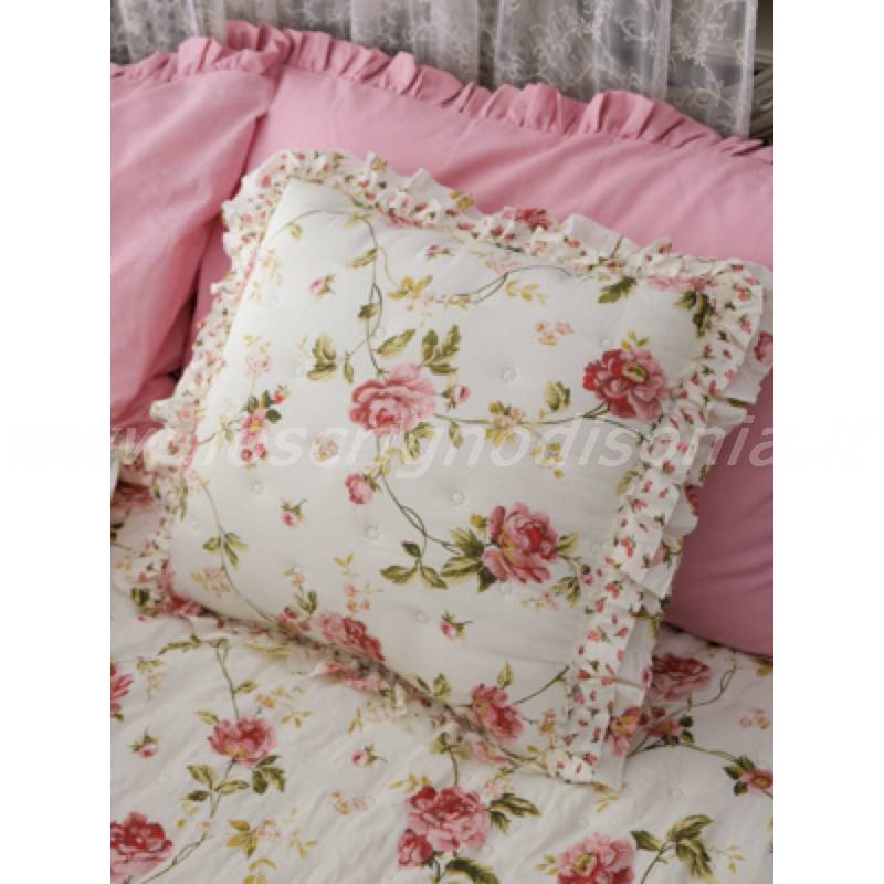 Cuscino arredo con stampa di rose e roselline della serie Vintage Rose, misura 40x40 cm. Vista frontale